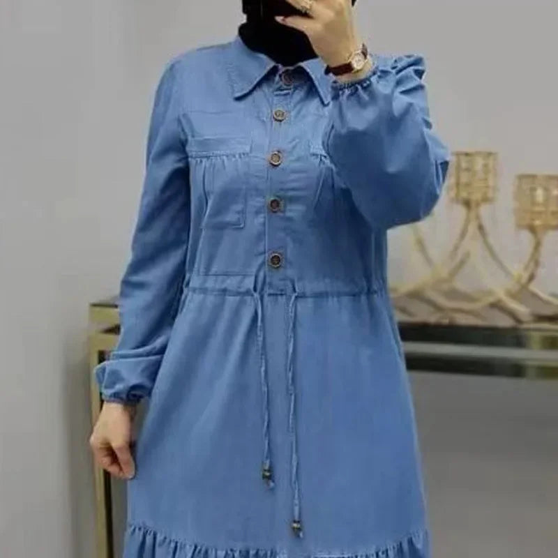 Vestido Jeans Elegante Feminino com Colarinho Dobrável