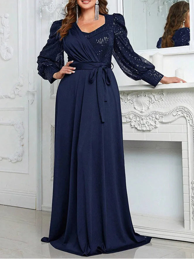 Vestido de Noite Feminino com Decote em V e Lantejoulas