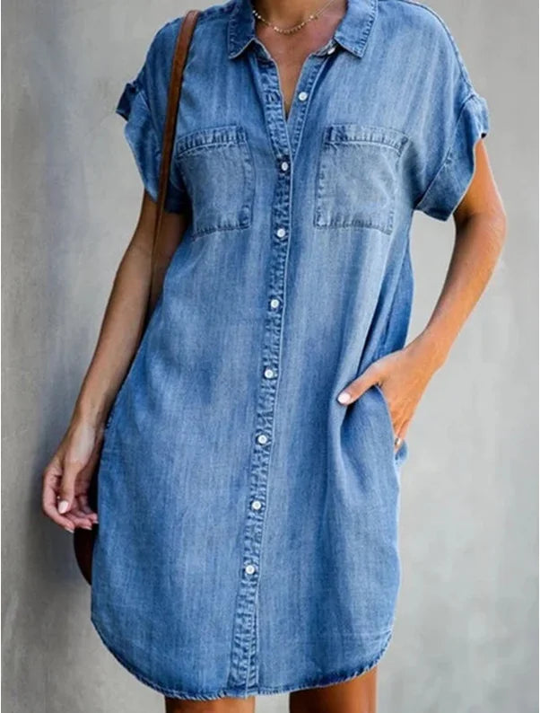 Vestido de Camisa Jeans Feminino com Bolso