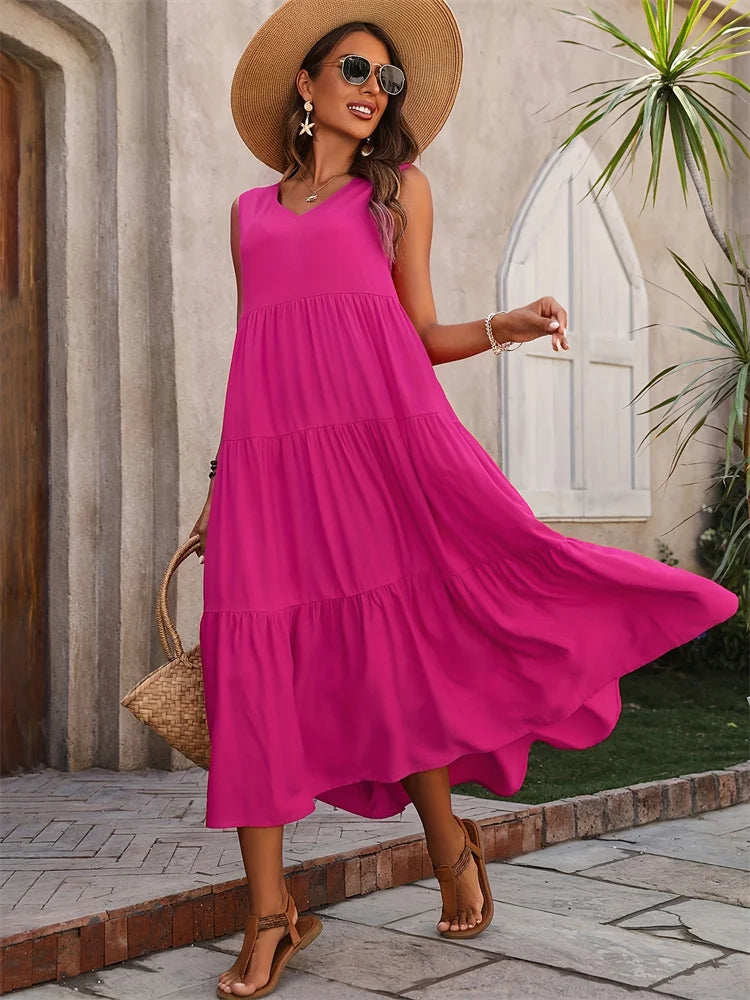 Vestido Longo Feminino Amarelo com Decote em V