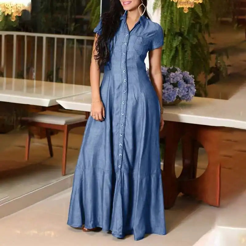 Vestido Longo Feminino com Manga Curta e Gola Virada