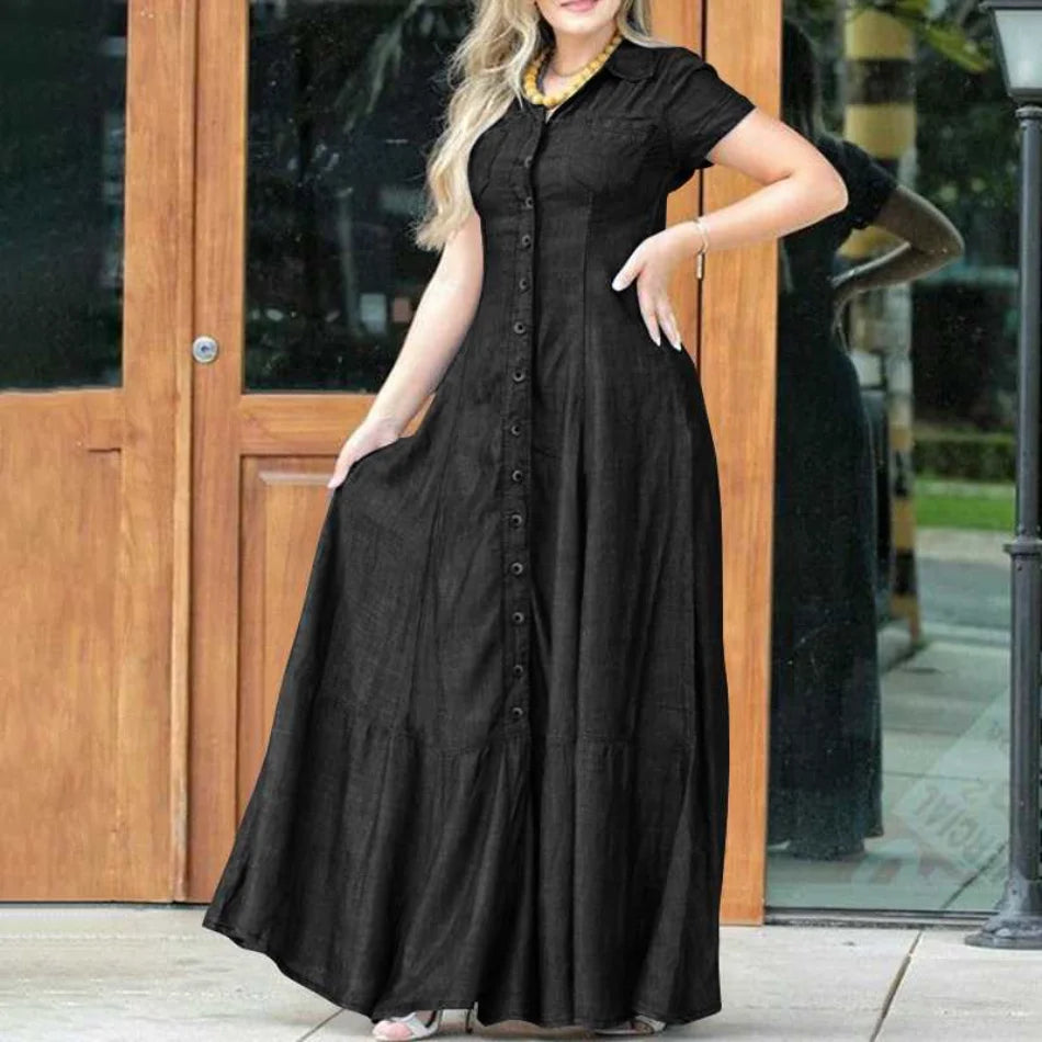 Vestido Longo Feminino com Manga Curta e Gola Virada