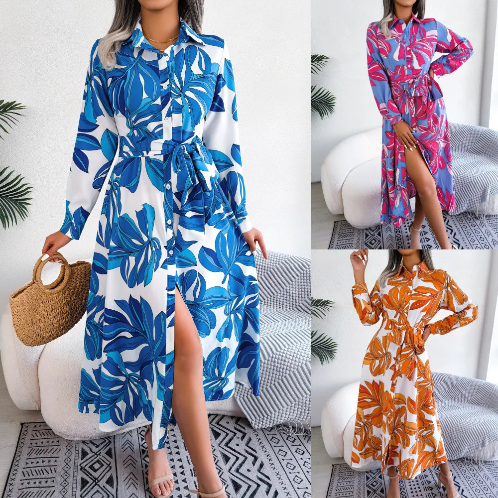 Vestido Floral Longo com Gola Polo