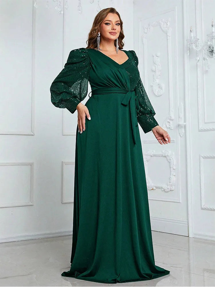 Vestido de Noite Feminino com Decote em V e Lantejoulas