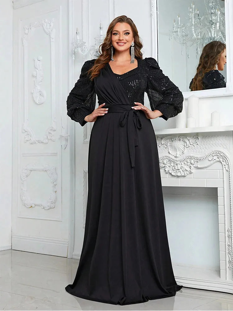 Vestido de Noite Feminino com Decote em V e Lantejoulas