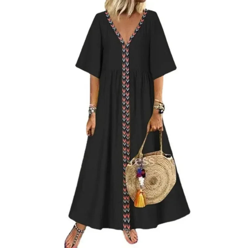 Vestido Longo Casual com Decote em V e Mangas Curtas