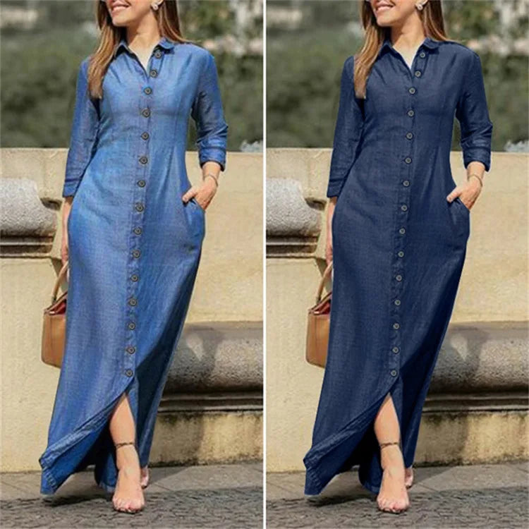 Vestido Longo Feminino em Denim com Manga Longa e Botões