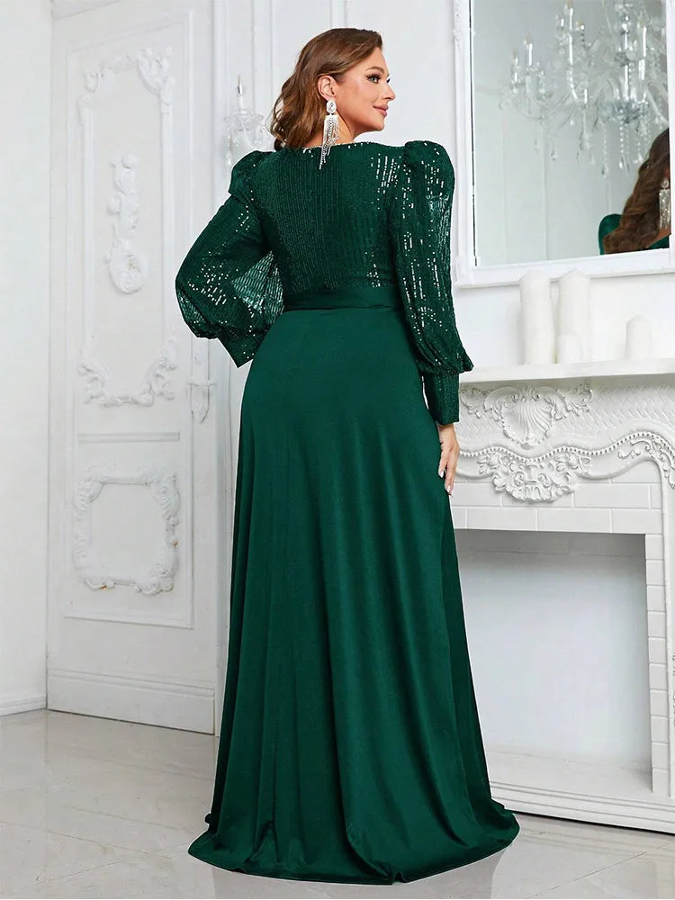 Vestido de Noite Feminino com Decote em V e Lantejoulas