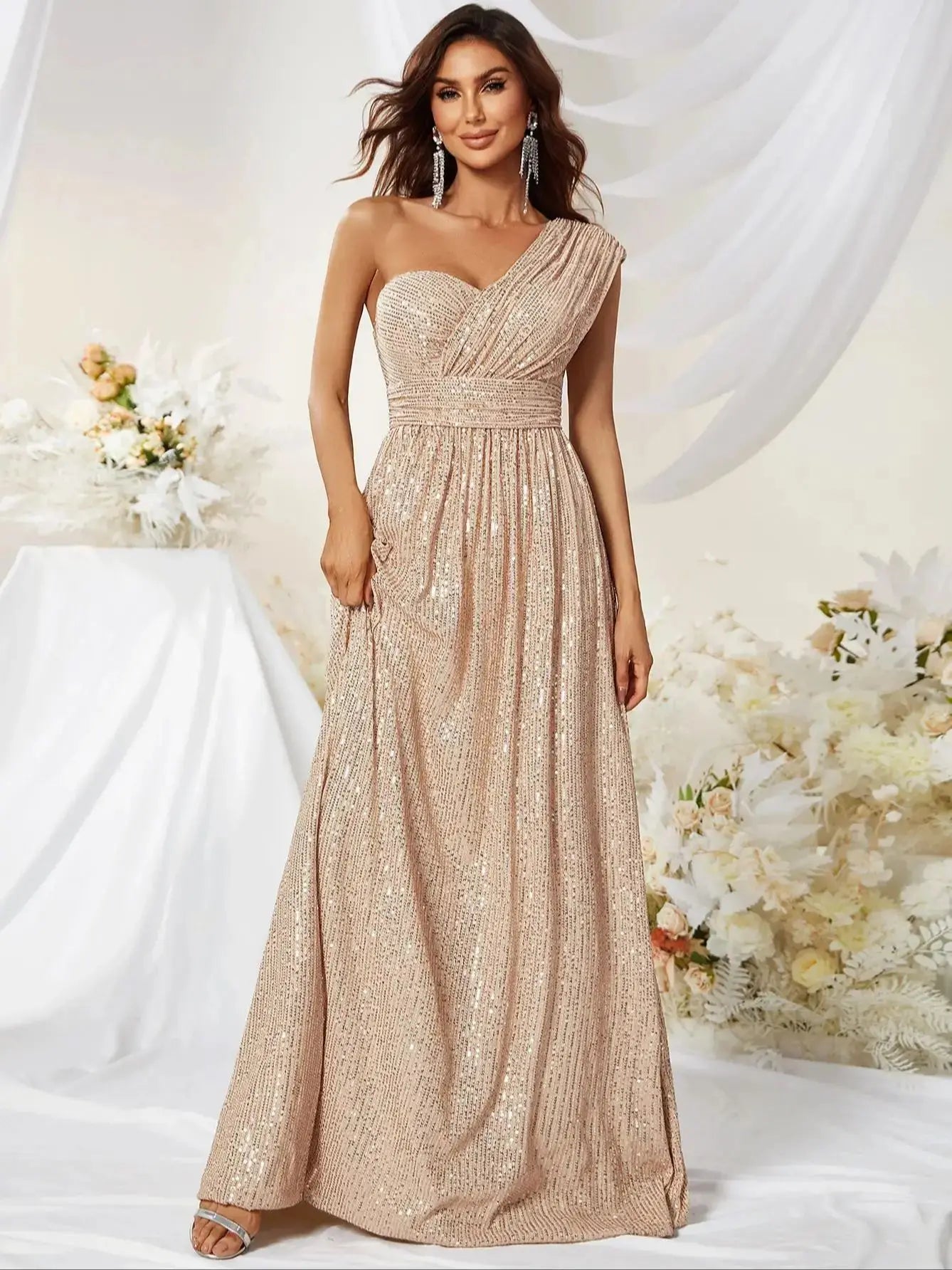 Vestido de Lantejoulas de Um Ombro Feminino para Festas