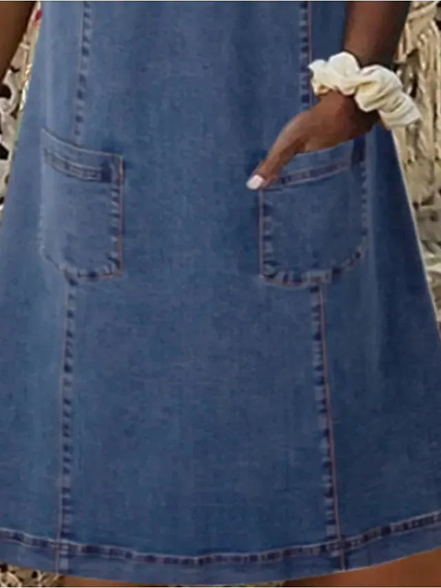 Vestido Jeans Feminino com Decote em V e Mangas Curtas