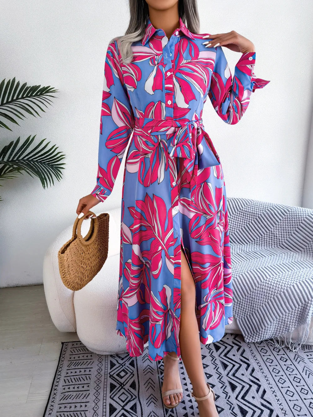 Vestido Floral Longo com Gola Polo