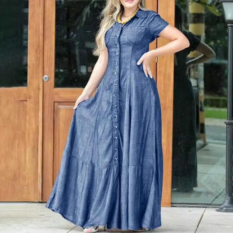 Vestido Longo Feminino com Manga Curta e Gola Virada