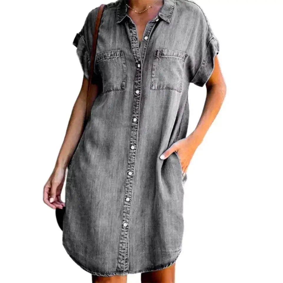 Vestido de Camisa Jeans Feminino com Bolso