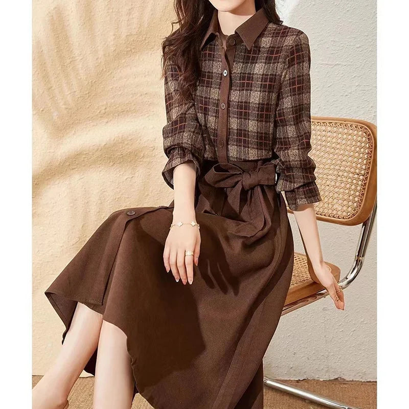 Vestido Midi Xadrez Elegante para Senhoras