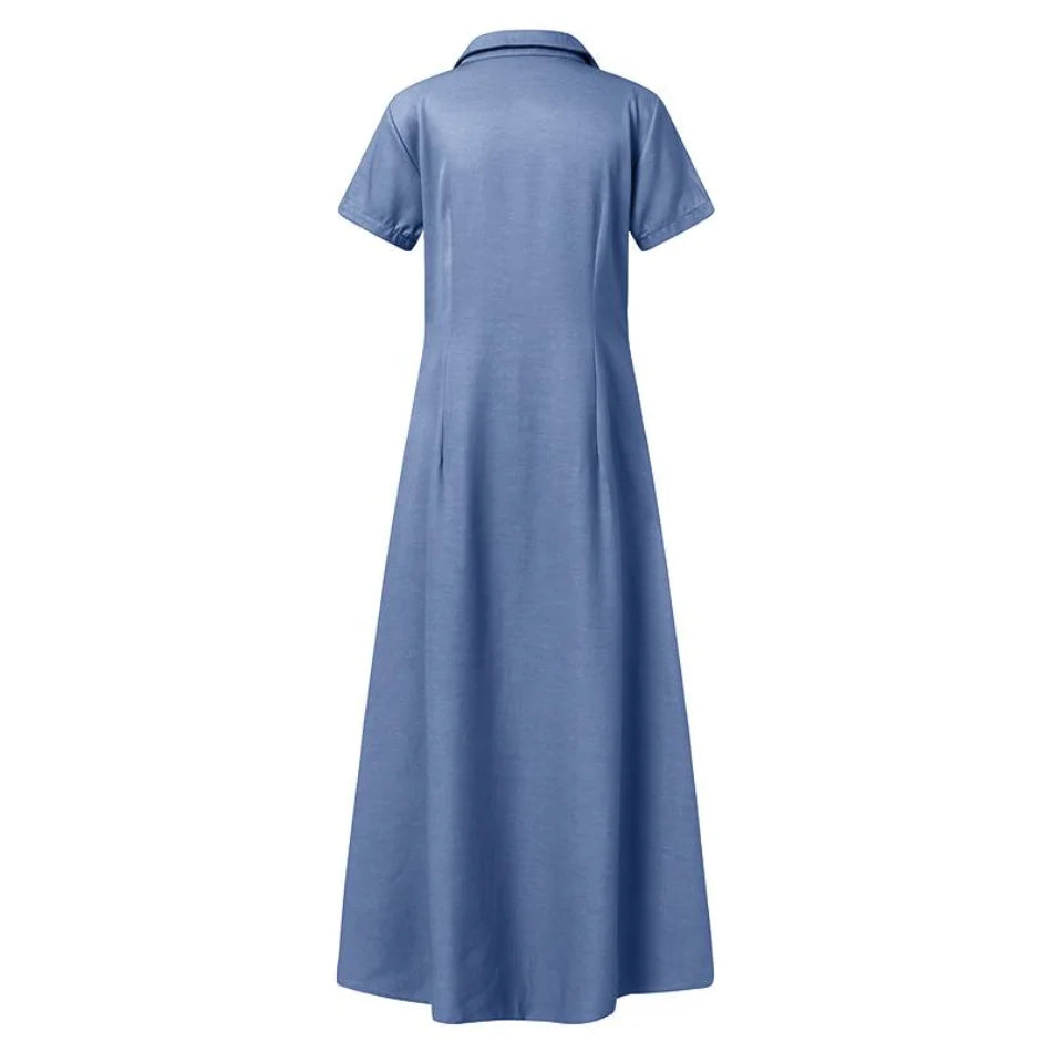 Vestido Longo Feminino com Manga Curta e Gola Virada