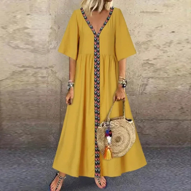 Vestido Longo Casual com Decote em V e Mangas Curtas