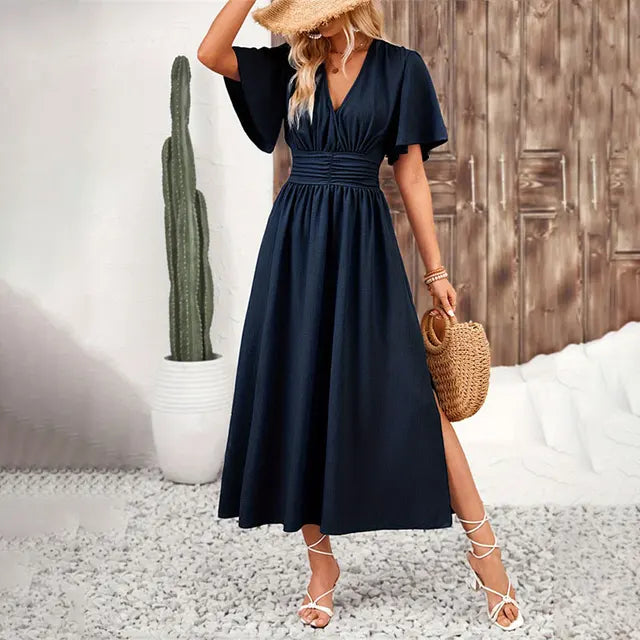 Vestido Longo Feminino Amarelo com Decote em V