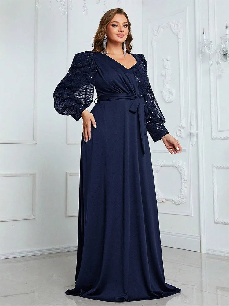 Vestido de Noite Feminino com Decote em V e Lantejoulas