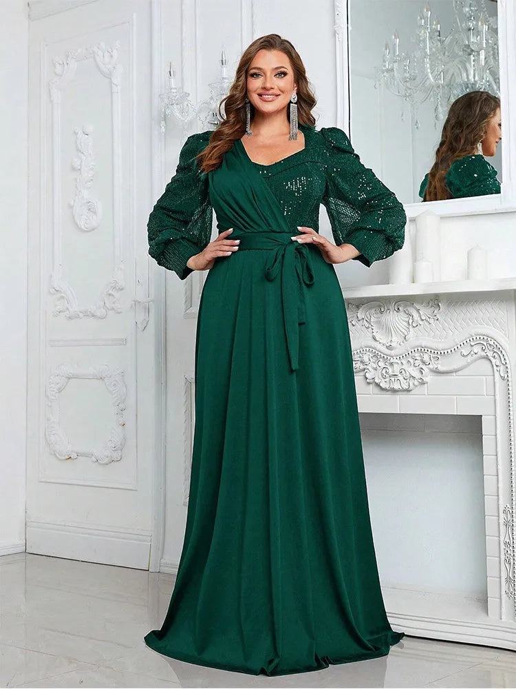 Vestido de Noite Feminino com Decote em V e Lantejoulas