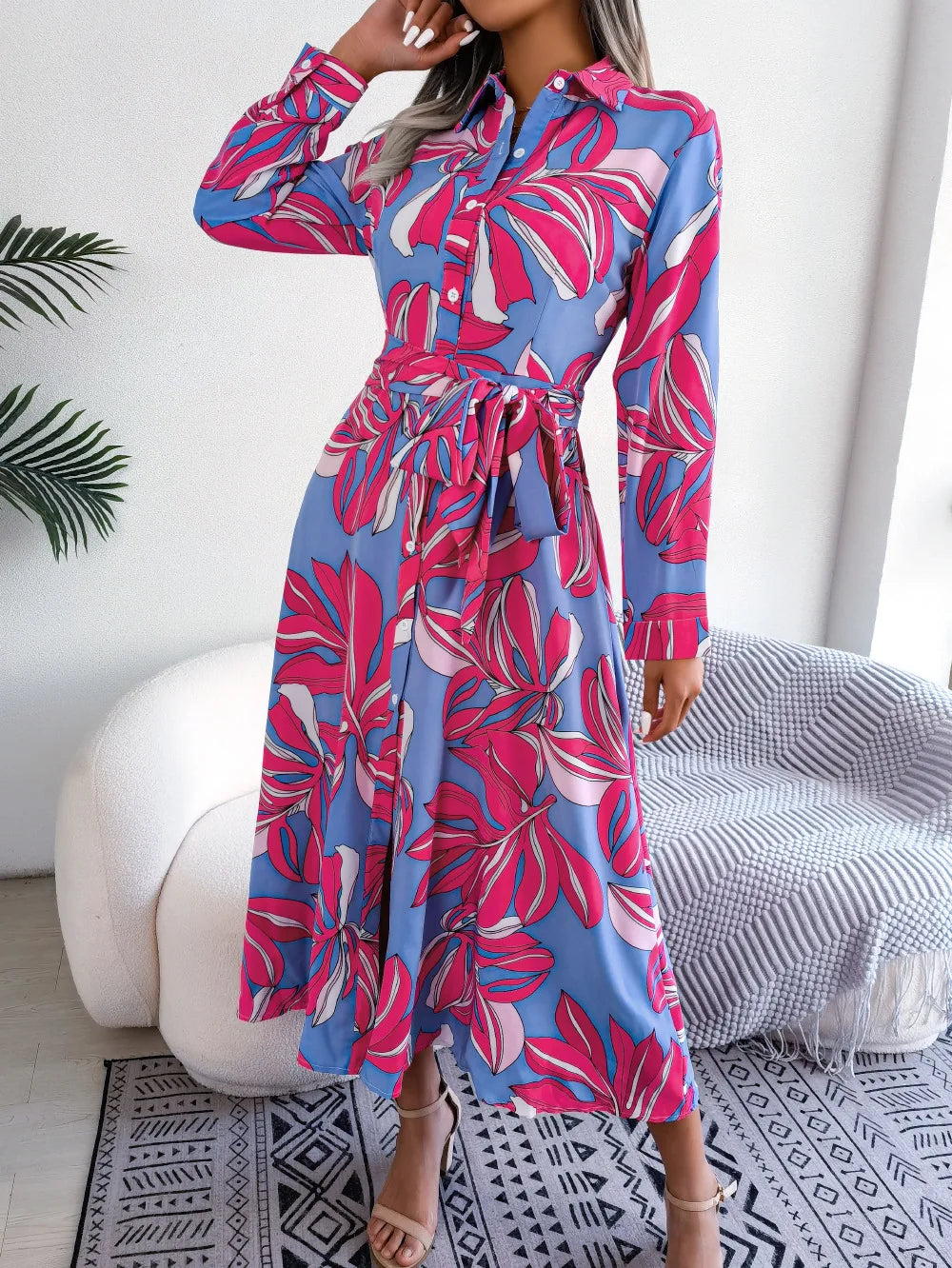 Vestido Floral Longo com Gola Polo