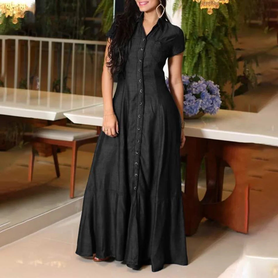 Vestido Longo Feminino com Manga Curta e Gola Virada