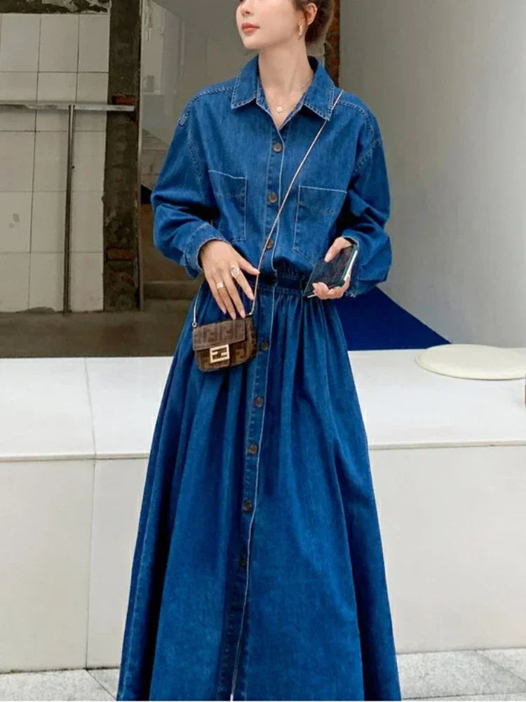 Vestido Jeans Azul Vintage Feminino Longo