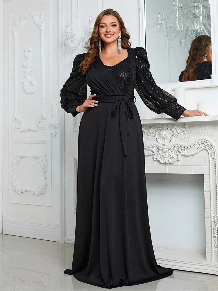 Vestido de Noite Feminino com Decote em V e Lantejoulas