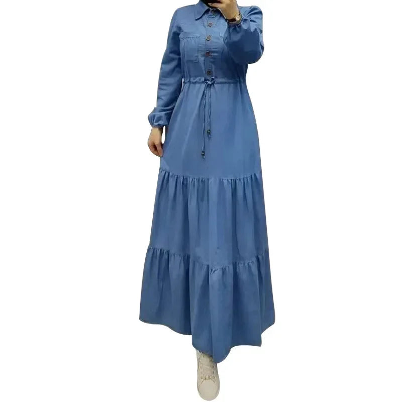 Vestido Jeans Elegante Feminino com Colarinho Dobrável
