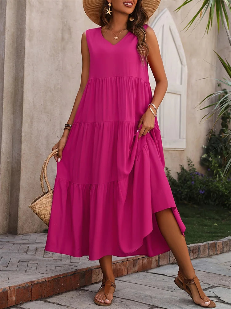 Vestido Longo Feminino Amarelo com Decote em V