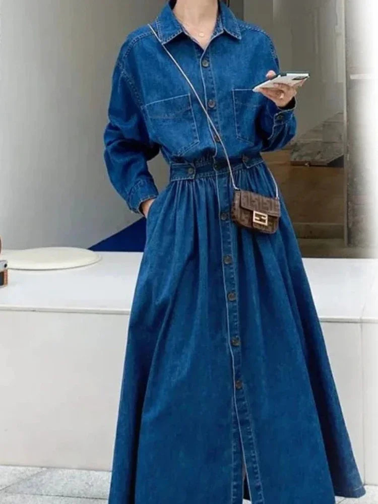 Vestido Jeans Azul Vintage Feminino Longo
