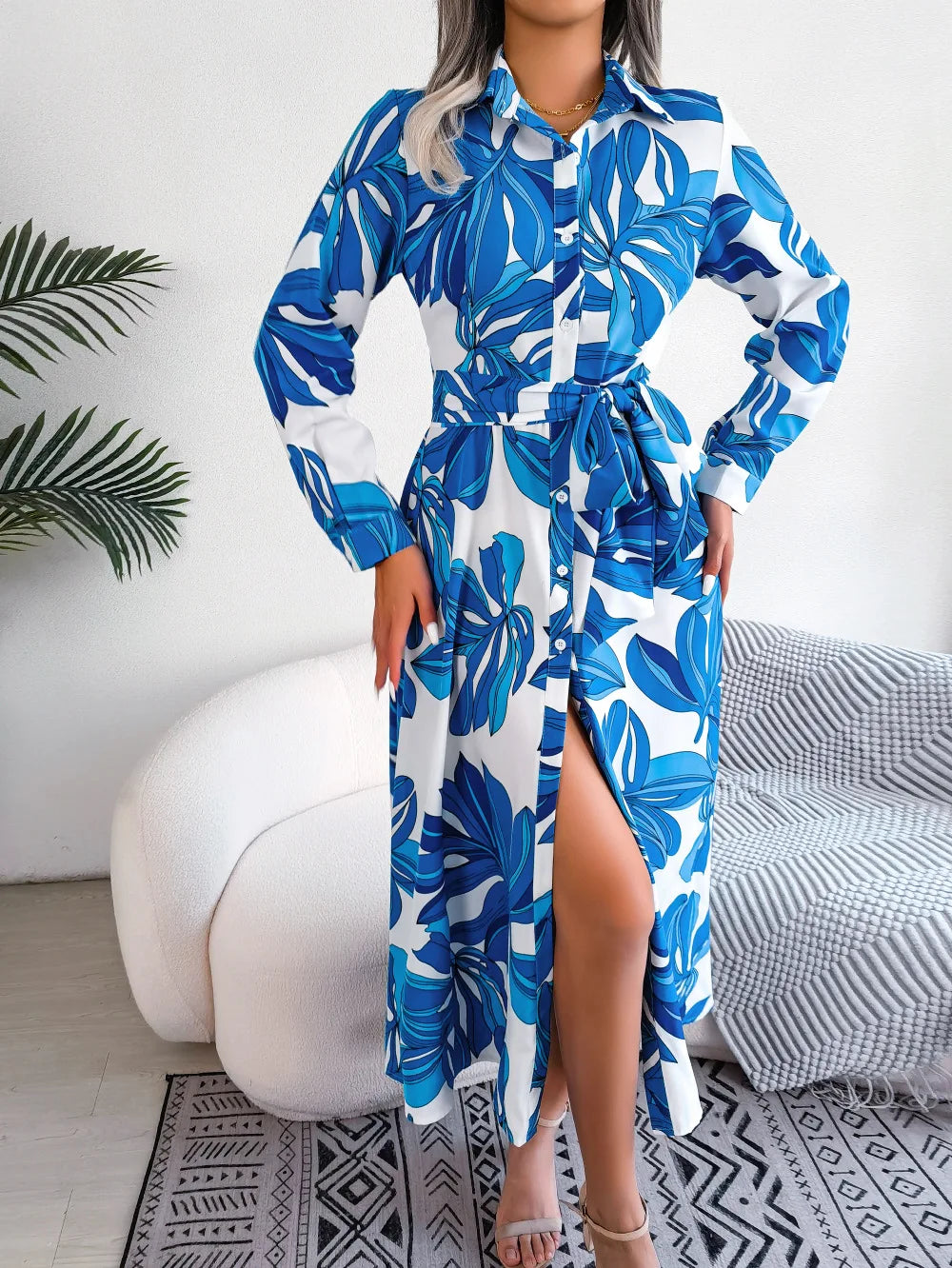 Vestido Floral Longo com Gola Polo