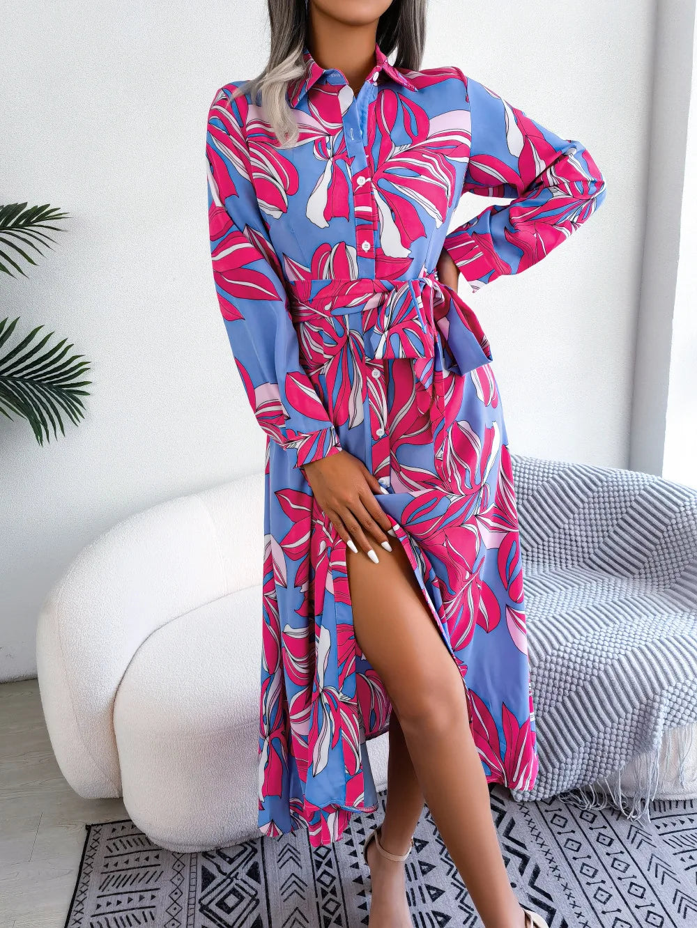 Vestido Floral Longo com Gola Polo