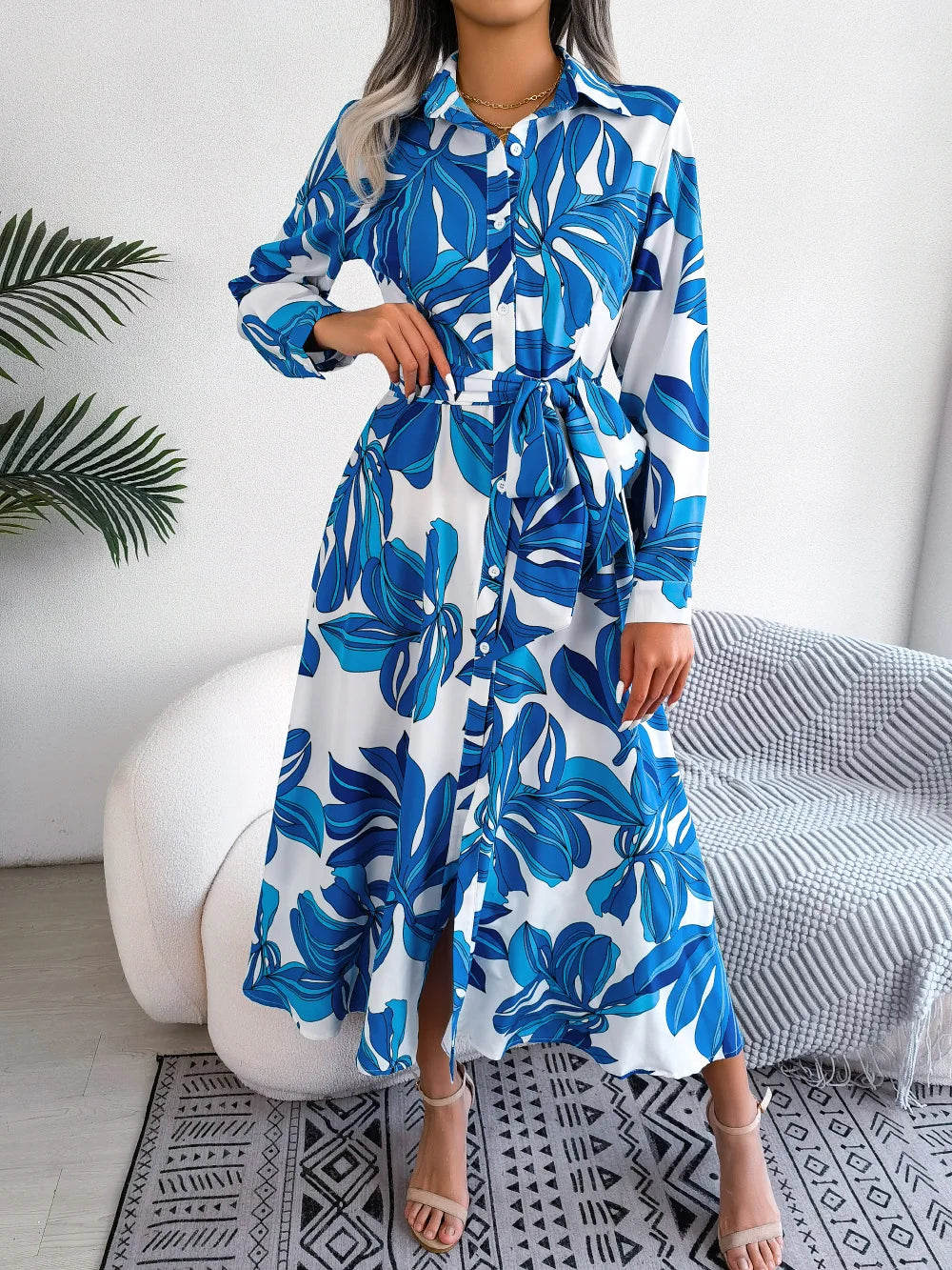 Vestido Floral Longo com Gola Polo