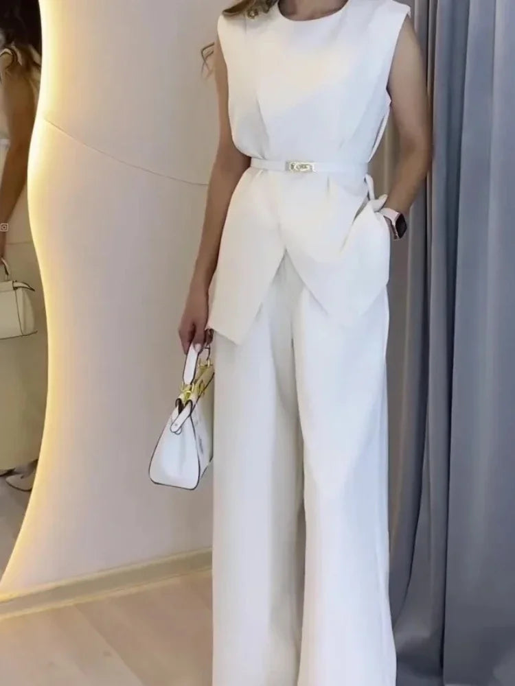 Conjunto Feminino Elegante com Calças Largas e Top Sem Mangas