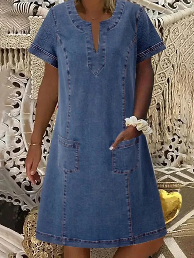 Vestido Jeans Feminino com Decote em V e Mangas Curtas