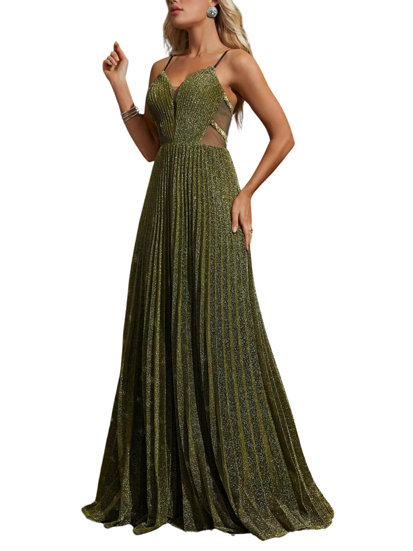 Vestido de Noite com Decote em V e Detalhes Brilhantes
