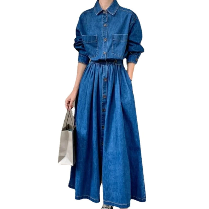Vestido Jeans Azul Vintage Feminino Longo