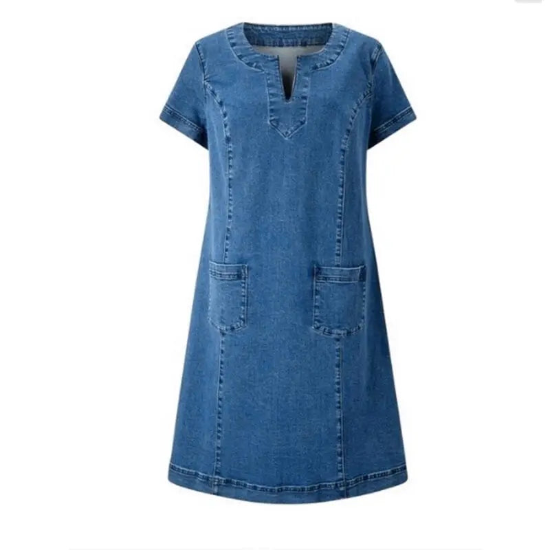 Vestido Jeans Feminino com Decote em V e Mangas Curtas