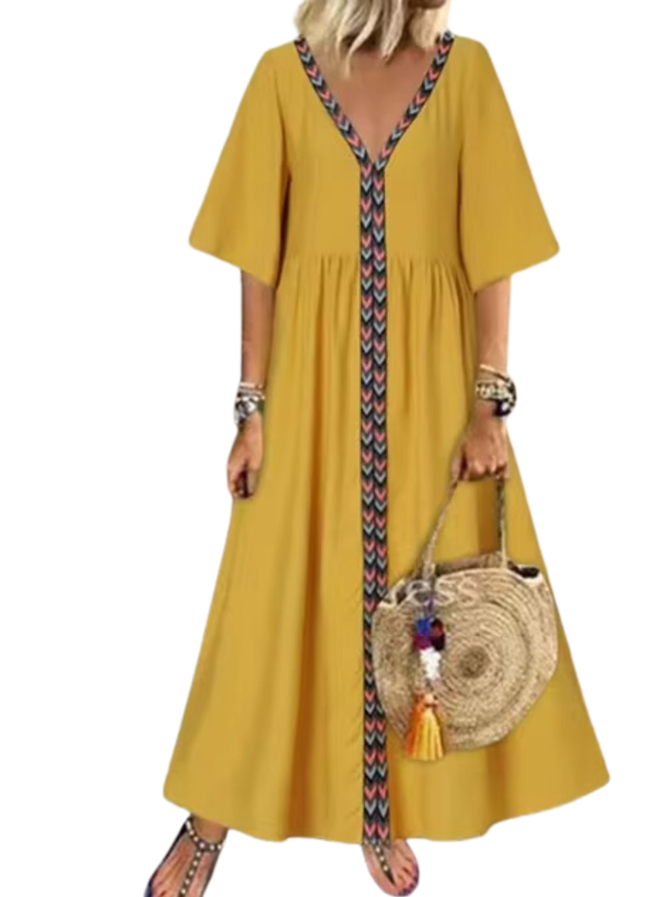Vestido Longo Casual com Decote em V e Mangas Curtas
