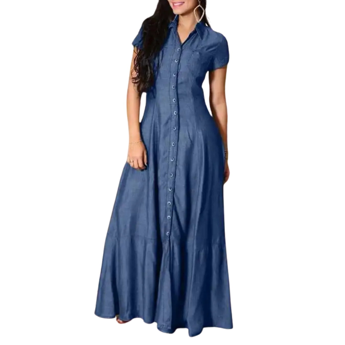 Vestido Longo Feminino com Manga Curta e Gola Virada