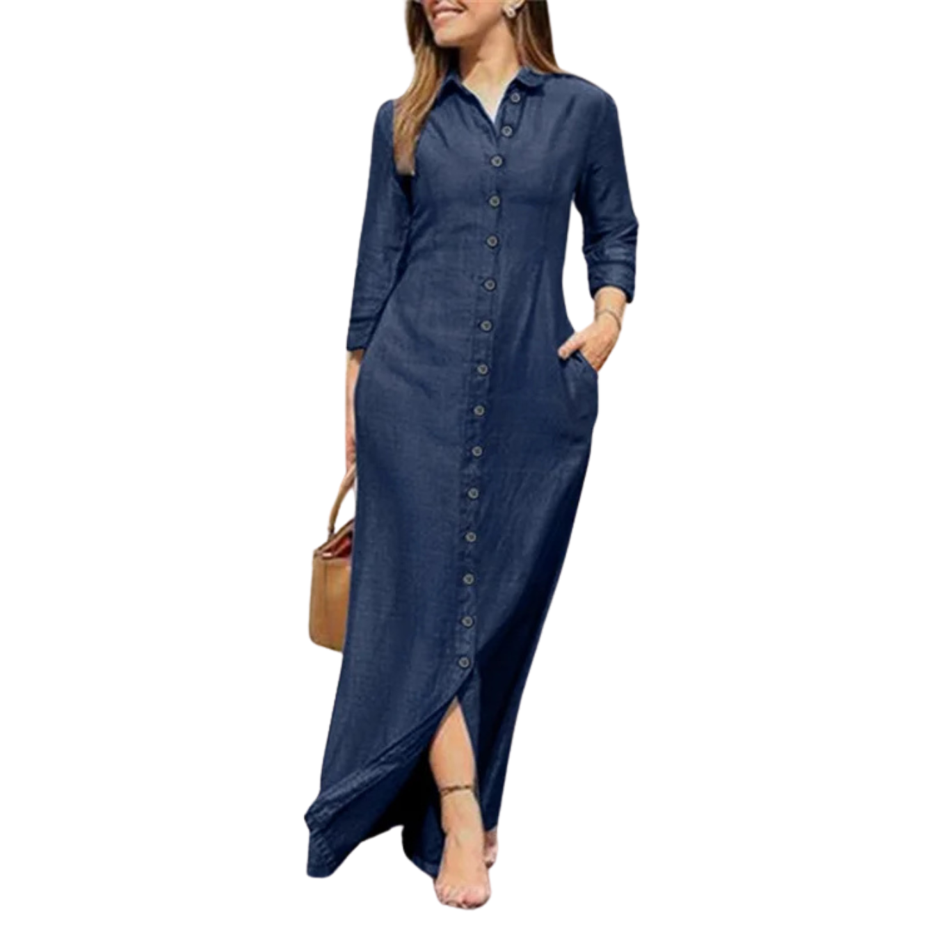 Vestido Longo Feminino em Denim com Manga Longa e Botões