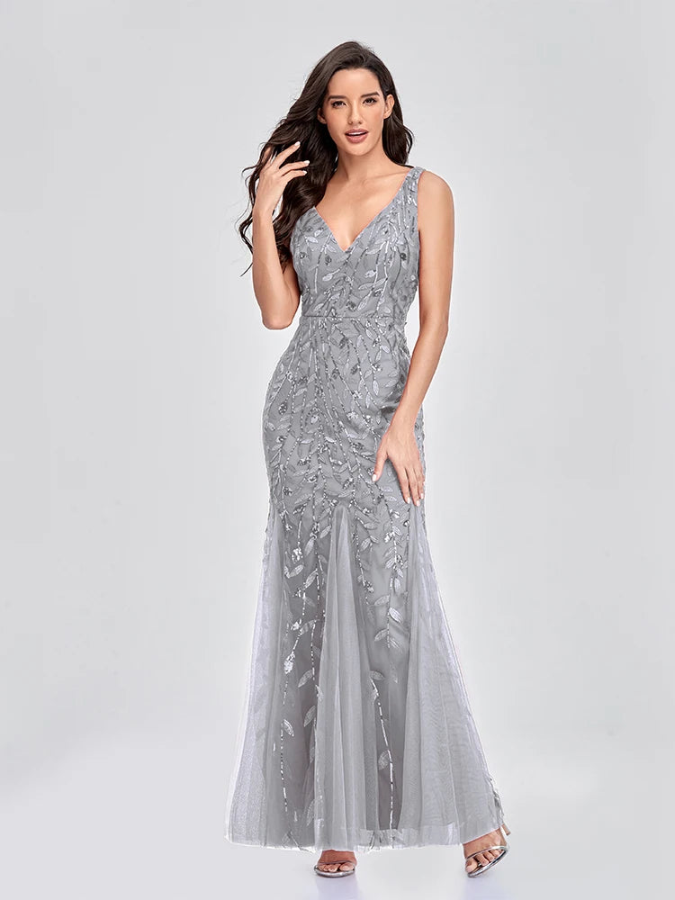 Vestido Cocktail Sem Mangas com Decote em V e Lantejoulas
