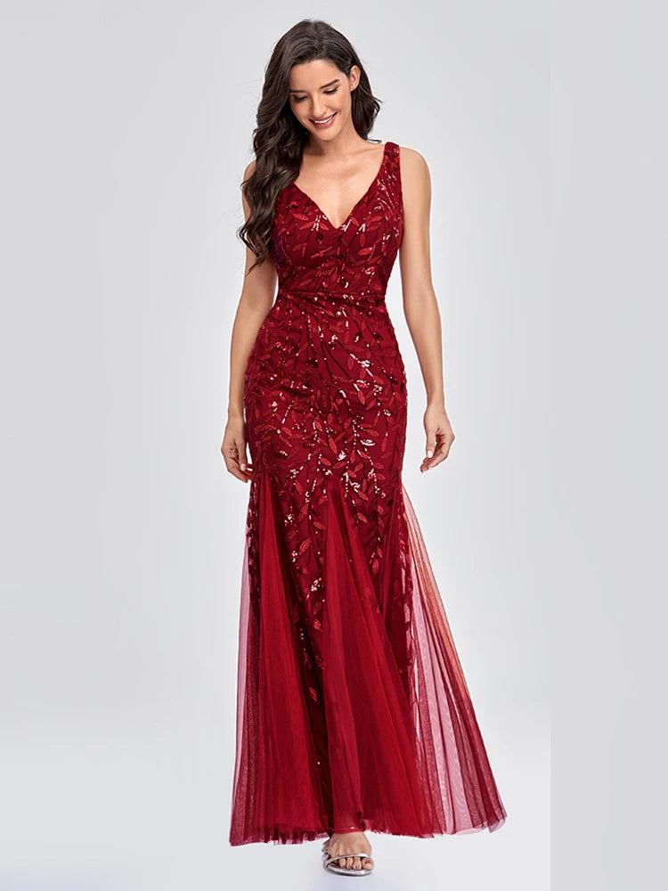 Vestido Cocktail Sem Mangas com Decote em V e Lantejoulas