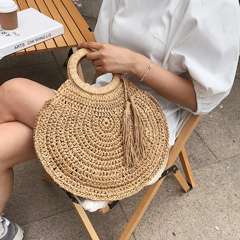 Bolsa de Ombro Redonda de Vime para Mulheres