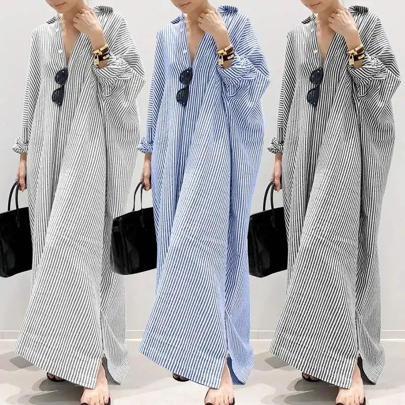 Vestido de Verão Estampado Listrado Feminino Boêmio