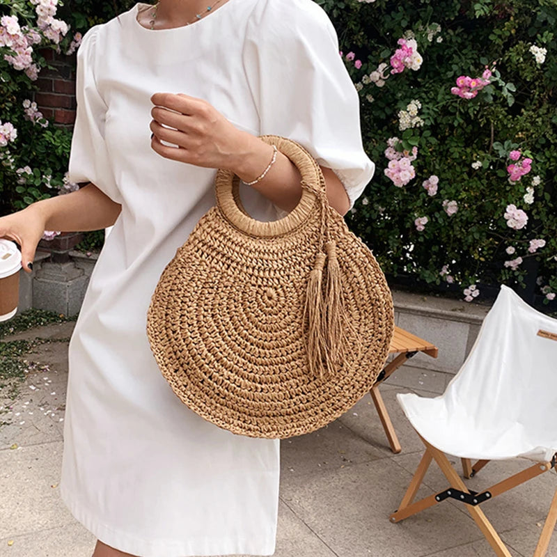Bolsa de Ombro Redonda de Vime para Mulheres