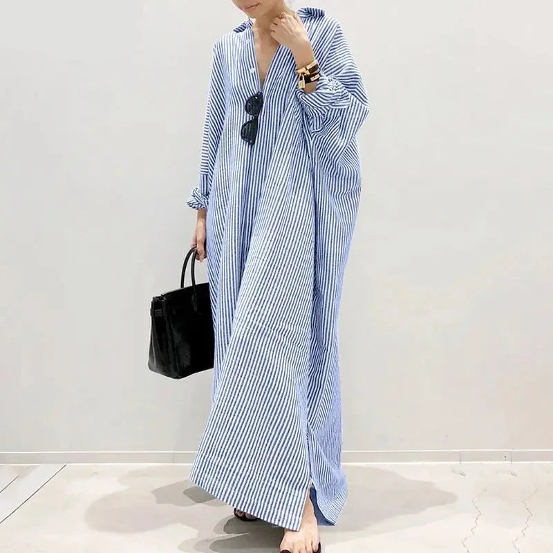 Vestido de Verão Estampado Listrado Feminino Boêmio