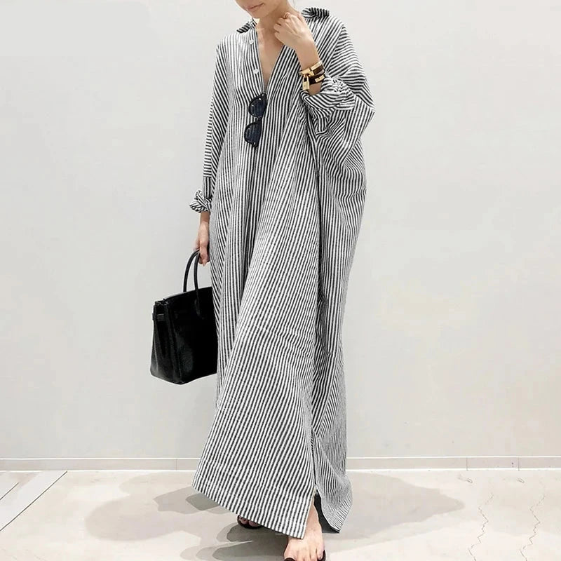 Vestido de Verão Estampado Listrado Feminino Boêmio