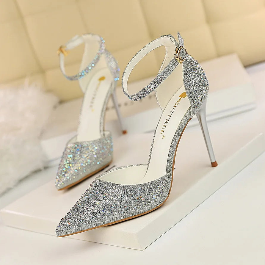 Salto Alto Estilete com Strass Brilhante para Mulheres