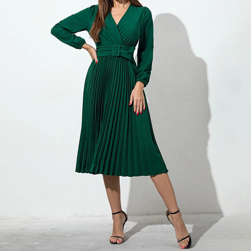Saia Plissada Feminina Verde Escura com Decote em V